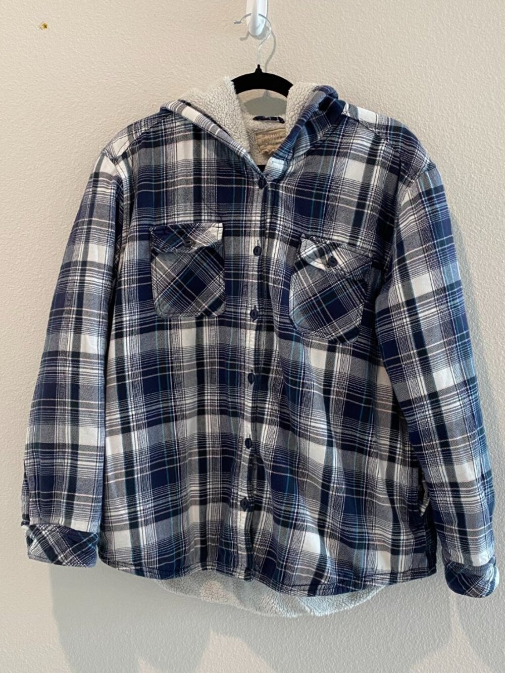 Boston Traders Faux Sherpa Lined Plaid Hoodie Shacket Medium Blue White Cotton